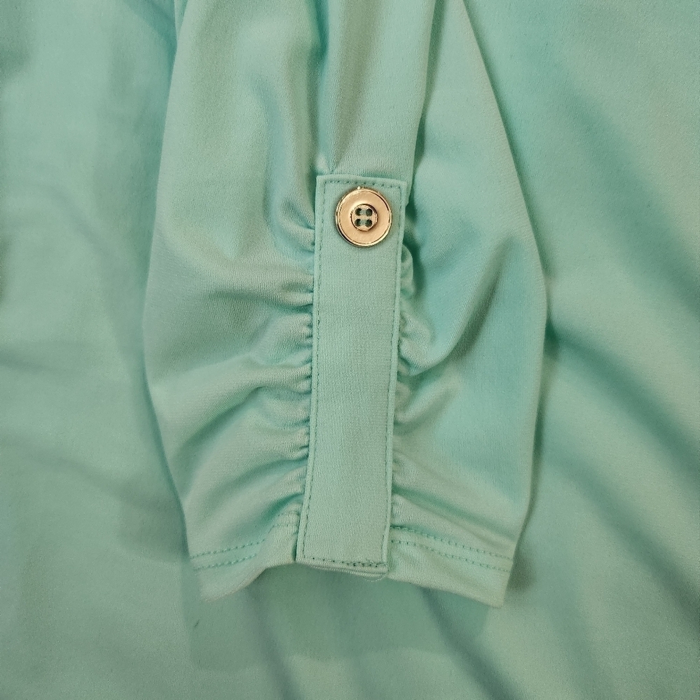 3/$25 Zenana bright pastel seafoam green long sleeve gold zipper blouse size L - Picture 11 of 11